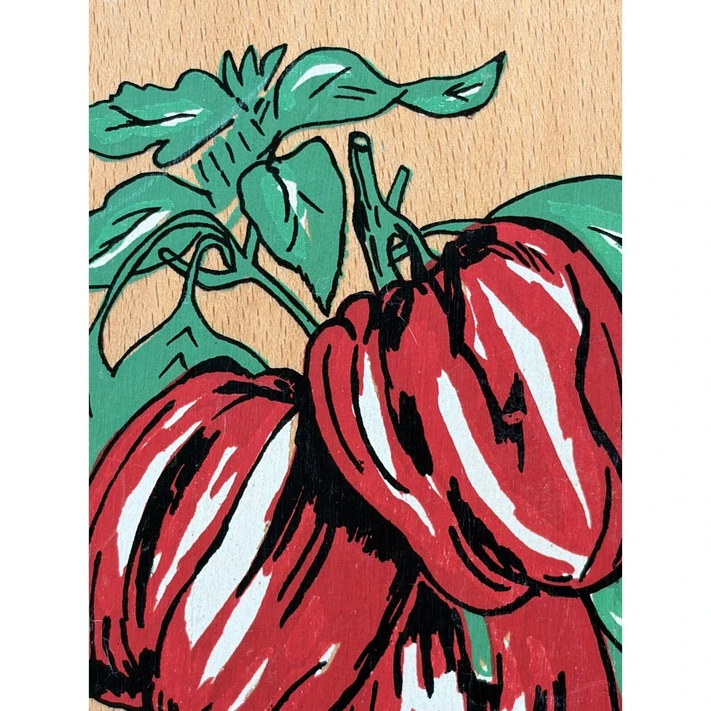 Vintage Wooden Cutting Board Hand Painted Red Bell Pepper Kitchen Decor Handle
